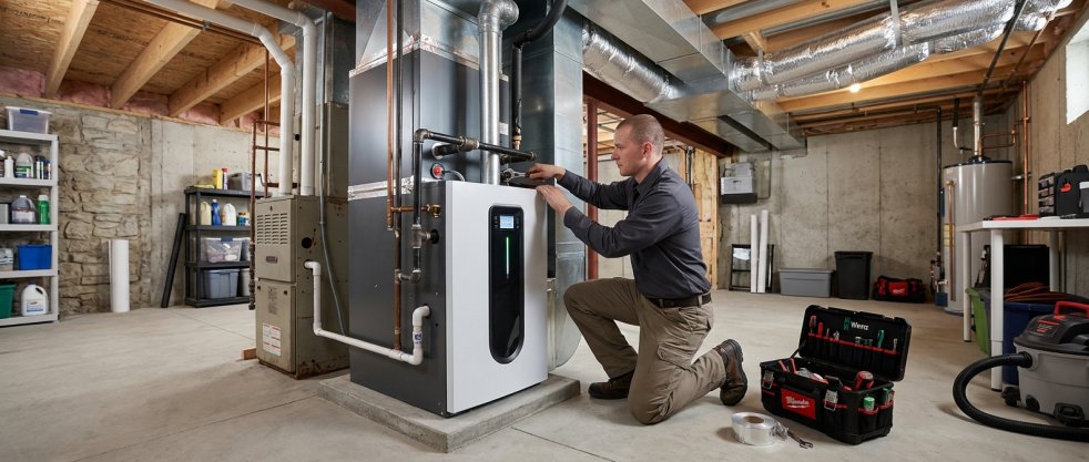 HVAC technician servicing a gas furnace and ductwork in a residential basement utility room