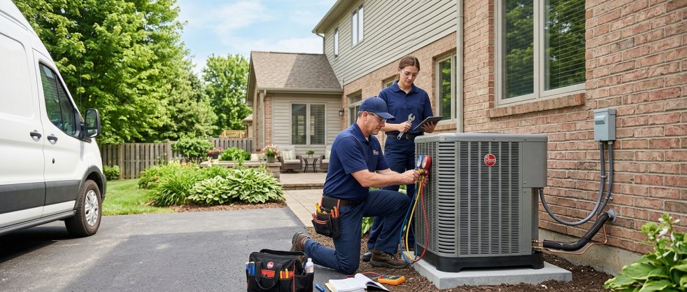 HVAC technicians servicing a central air conditioning unit outside a suburban home beside a service van