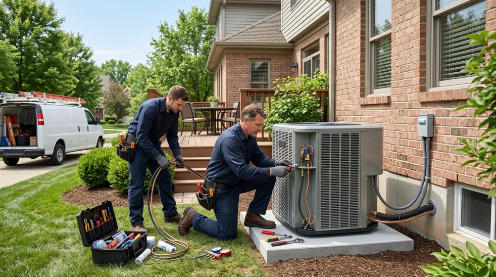 HVAC technicians installing a central air conditioner unit beside a brick house with service van nearby