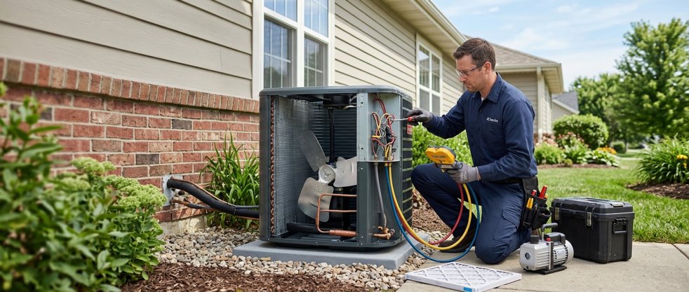 HVAC technician servicing outdoor AC unit beside a house with tools and gauges on a residential lawn