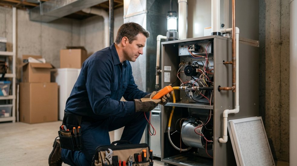 HVAC technician inspecting and repairing a home heater furnace in a basement utility room with testing equipment
