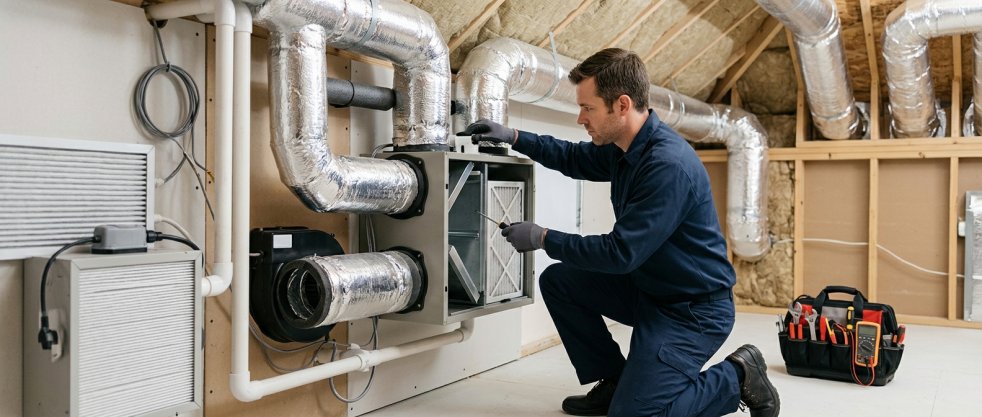 Technician replacing air filter in home ventilation system with insulated ductwork in attic utility space