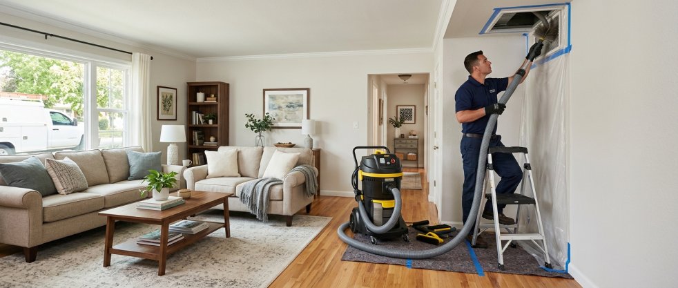 Technician cleaning air duct vent in living room with vacuum hose and ladder during residential duct cleaning service