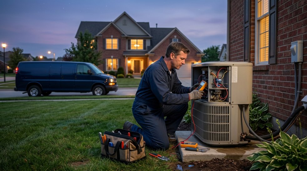 HVAC technician repairing outdoor AC unit at a home at dusk with service van parked nearby