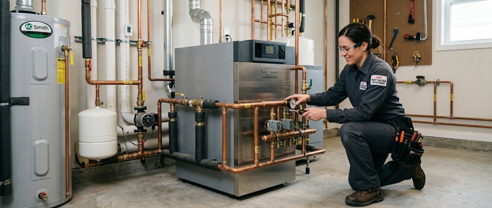 Technician servicing a hot water heating system with copper pipes and boiler in a residential utility room